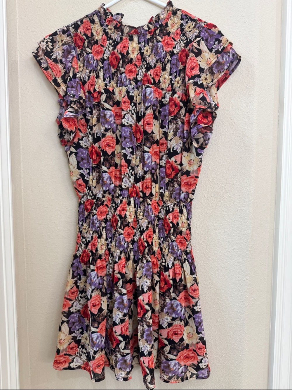 entro Floral Smocked Mini Dress in Black, Red & Purple